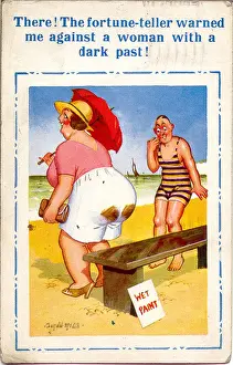 Meaning Prints: Comic postcard, Bench with wet paint on the beach Date: 20th century