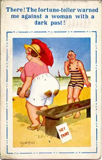 Past Gallery: Comic postcard, Bench with wet paint on the beach Date: 20th century