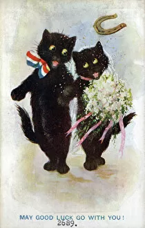 Partner Gallery: Comic postcard, Two black cats getting married - Good Luck Date: circa 1918