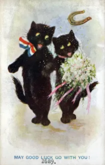 Partner Prints: Comic postcard, Two black cats getting married - Good Luck Date: circa 1918