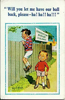 Comic postcard, Boy asks nudists to return lost ball Date: 20th century