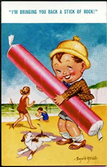 Comic postcard, Boy on the beach with stick of rock