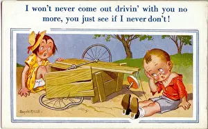 Comic postcard, Boy and girl, accident with a go-kart Date: 20th century