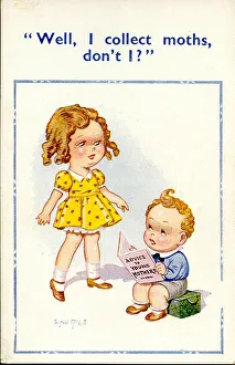 Moths Gallery: Comic postcard, Boy and girl with book - Advice to Young Mothers Date: 20th century