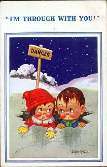 Comic postcard, Boy and girl fallen through the ice Date: 20th century