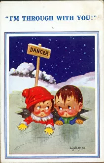 Comic postcard, Boy and girl fallen through the ice Date: 20th century