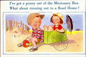Comic postcard, Boy and girl with a go-kart Date: 20th century