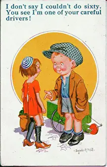 Comic postcard, Boy and girl with go-kart Date: 20th century