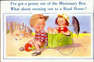 Comic postcard, Boy and girl with a go-kart Date: 20th century Comic postcard, Boy and girl with a go-kart Date: 20th century