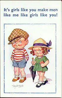 Comic postcard, Boy and girl going for a walk Date: 20th century