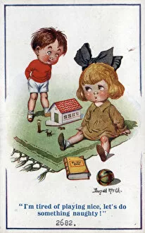 Comic postcard, Boy and girl playing Date: circa 1918