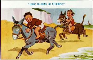 Comic postcard, Boy and girl riding donkeys on beach Date: 20th century
