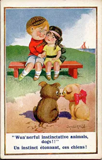 Languages Prints: Comic postcard, Boy and girl sitting on a bench at the seaside