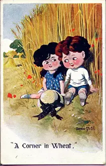 Comic postcard, Boy and girl sitting in a cornfield - A corner in wheat. Date: 20th century