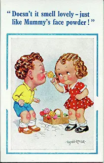 Smelling Prints: Comic postcard, Boy and girl smelling roses Date: 20th century