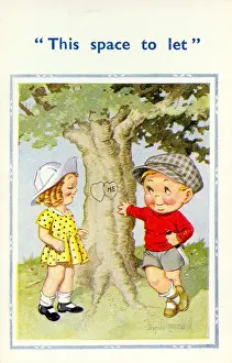 Trunk Prints: Comic postcard, Boy and girl standing by a tree Date: 20th century