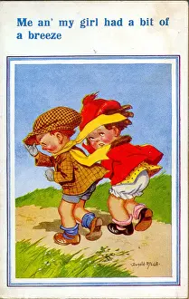 Comic postcard, Boy and girl walking on a windy day Date: 20th century
