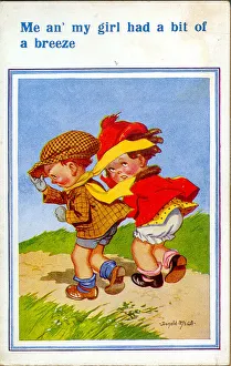 Comic postcard, Boy and girl walking on a windy day Date: 20th century Comic postcard, Boy and girl walking on a windy day Date: 20th century