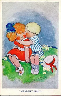Daisies Prints: Comic postcard, boy kissing girl - Wouldn't you? Date: circa 1930s