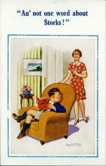 Storks Prints: Comic postcard, Boy reading Home Doctor book Date: 20th century