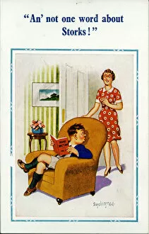 Comic postcard, Boy reading Home Doctor book Date: 20th century