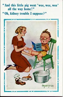 Trouble Prints: Comic postcard, Boy reading Home Doctor book - kidney trouble Date: 20th century