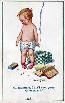 Naughty Prints: Comic postcard, Boy smoking mothers cigarettes Date: circa 1918
