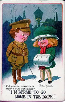 Blackout Prints: Comic postcard, Boy soldier and girlfriend in a dark street at night. Date: 1914-1918