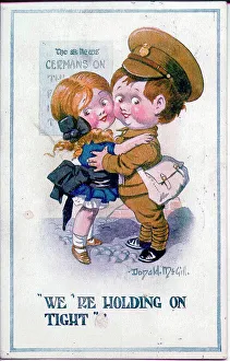 Hugging Prints: Comic postcard, Boy soldier and girlfriend hugging. Date: 1914-1918