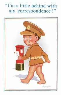 Comic postcard, Boy soldier posting a letter, WW2