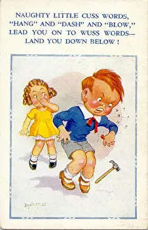 Swear Prints: Comic postcard, Boy swearing in front of girl Date: 20th century
