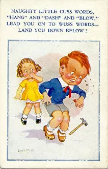 Pain Collection: Comic postcard, Boy swearing in front of girl Date: 20th century