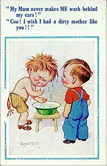 Comic postcard, Two boys discuss having to wash behind the ears Date: 20th century