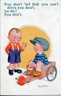 Challenge Prints: Comic postcard, Two boys with go-kart Date: 20th century