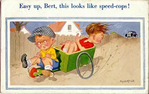 Speeding Gallery: Comic postcard, Two boys speeding in a go-kart Date: 20th century