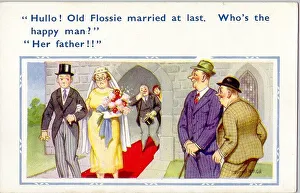 Bridegroom Gallery: Comic postcard, Bride and groom leaving church