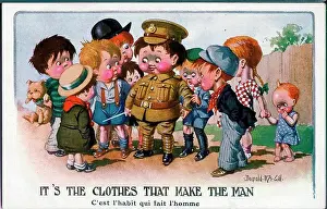 Admired Prints: Comic postcard, British soldier boy admired in the street. Date: 1914-1918