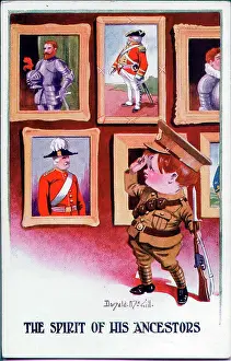 Comic postcard, British soldier boy saluting his ancestors. Date: 1914-1918