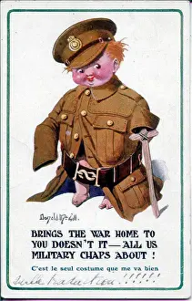 Pretending Prints: Comic postcard, British soldier boy swamped by large uniform. Date: 1914-1918