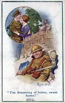 Dreaming Prints: Comic postcard, British soldier dreaming of home sweet home, WW1 Date: circa 1918