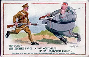 Extended Prints: Comic postcard, British soldier and fat German soldier. Date: 1914-1918