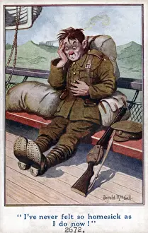 Khaki Prints: Comic postcard, British soldier homesick on rough seas, WW1 Date: circa 1918