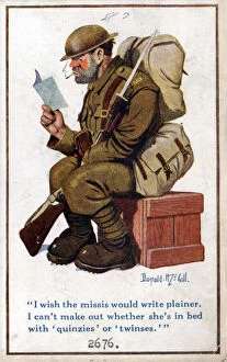 Handwriting Gallery: Comic postcard, British soldier reading letter from wife, WW1 Date: circa 1918