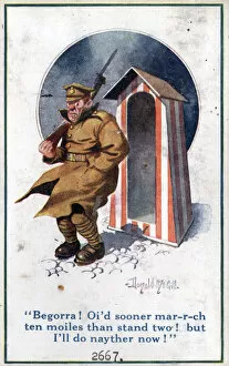 Donald Gallery: Comic postcard, British soldier on sentry duty in the cold, WW1 Date: circa 1918