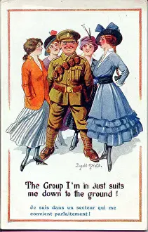Admired Prints: Comic postcard, British soldier surrounded by admiring women. Date: 1914-1918