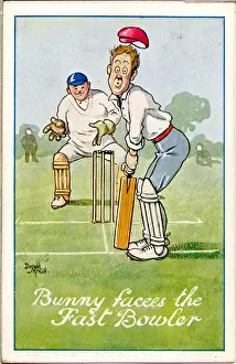Batsman Prints: Comic postcard, Bunny faces the fast bowler Date: 20th century