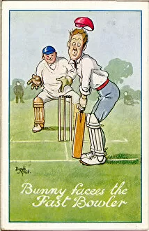 Comic postcard, Bunny faces the fast bowler Date: 20th century