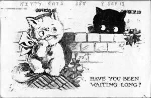 Images Dated 24th March 2021: Comic postcard, Two cats in a garden - Have you been waiting long? Date: 1913