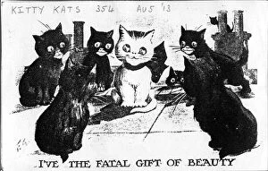 Images Dated 24th March 2021: Comic postcard, Cats on a roof - I ve the fatal gift of beauty Date: 1913