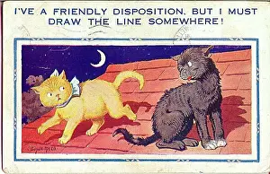 Comic postcard, Two cats on a roof at night Date: 20th century